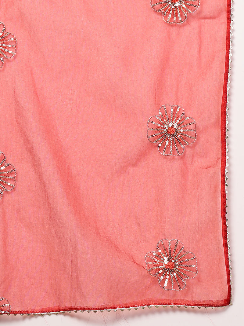 Stylum Women's Red Solid & Embellished Rayon Flared Kurta Palazzo Dupatta Set (KPDREDPURVI)