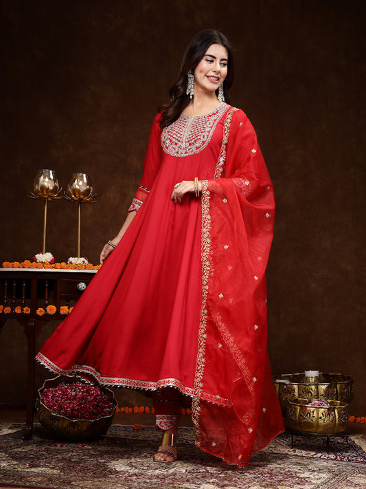 Stylum Women's Red Solid & Embroidered Rayon Anarkali Kurta Pant Dupatta Set (KPDREDQUEEN)