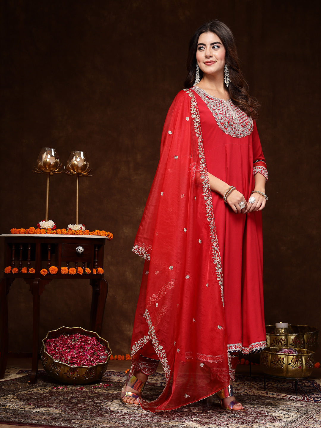 Stylum Women's Red Solid & Embroidered Rayon Anarkali Kurta Pant Dupatta Set (KPDREDQUEEN)