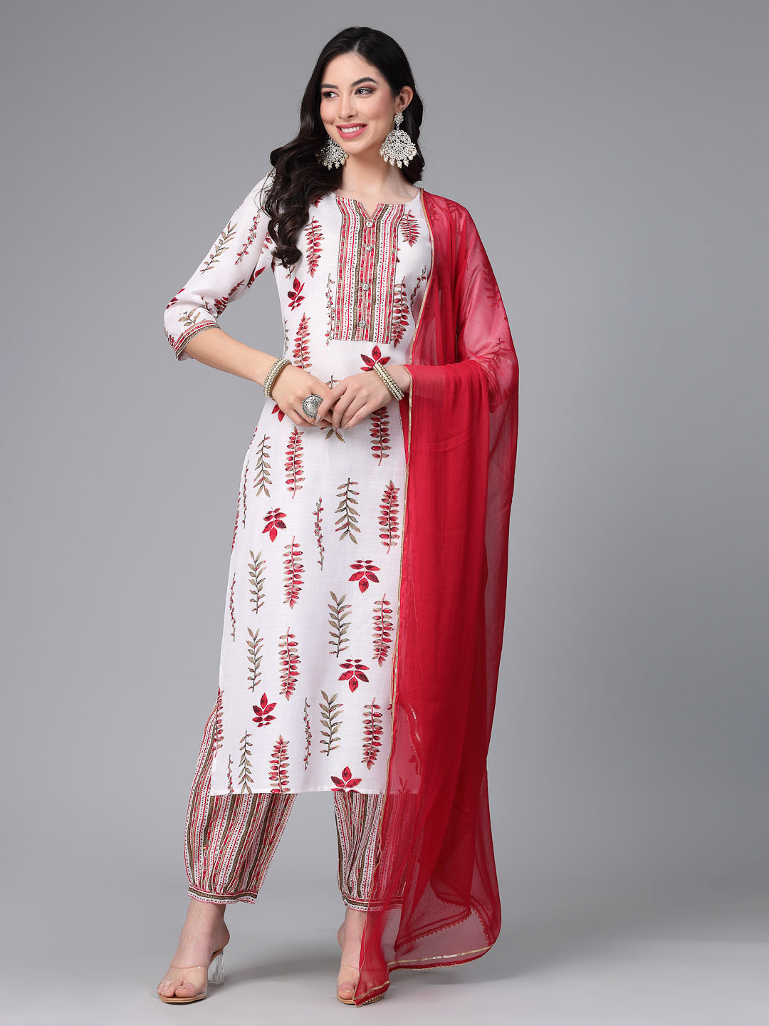 Stylum Women's Printed Cotton Blend Kurta Pant Dupatta Set (KPDREDRAGI)