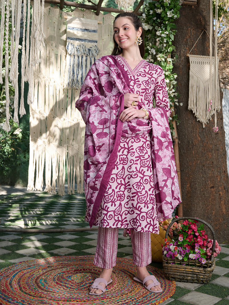 Stylum Women's Red Ethnic Printed Cotton Blend Straight Kurta Pant Dupatta Set (KPDREDSAFARI)