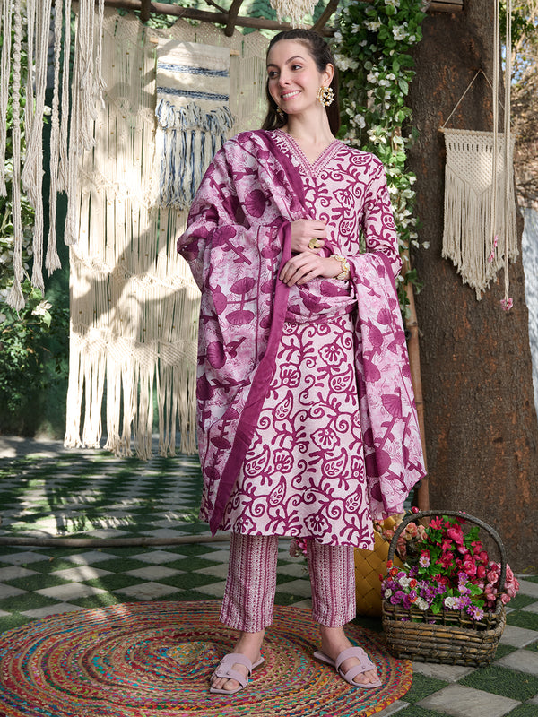 Stylum Women's Red Ethnic Printed Cotton Blend Straight Kurta Pant Dupatta Set (KPDREDSAFARI)