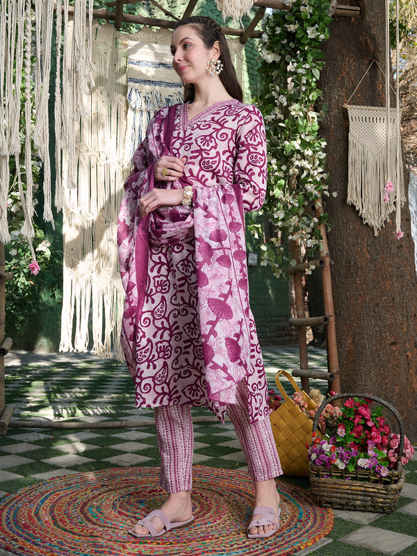 Stylum Women's Red Ethnic Printed Cotton Blend Straight Kurta Pant Dupatta Set (KPDREDSAFARI)