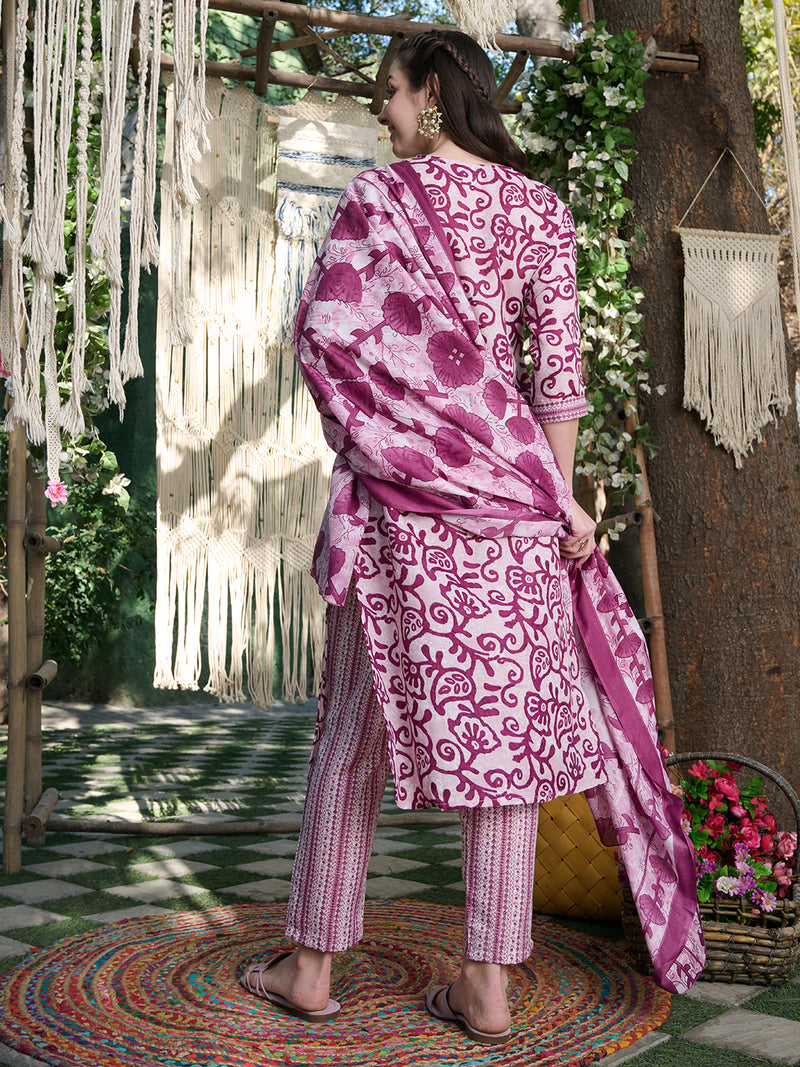 Stylum Women's Red Ethnic Printed Cotton Blend Straight Kurta Pant Dupatta Set (KPDREDSAFARI)