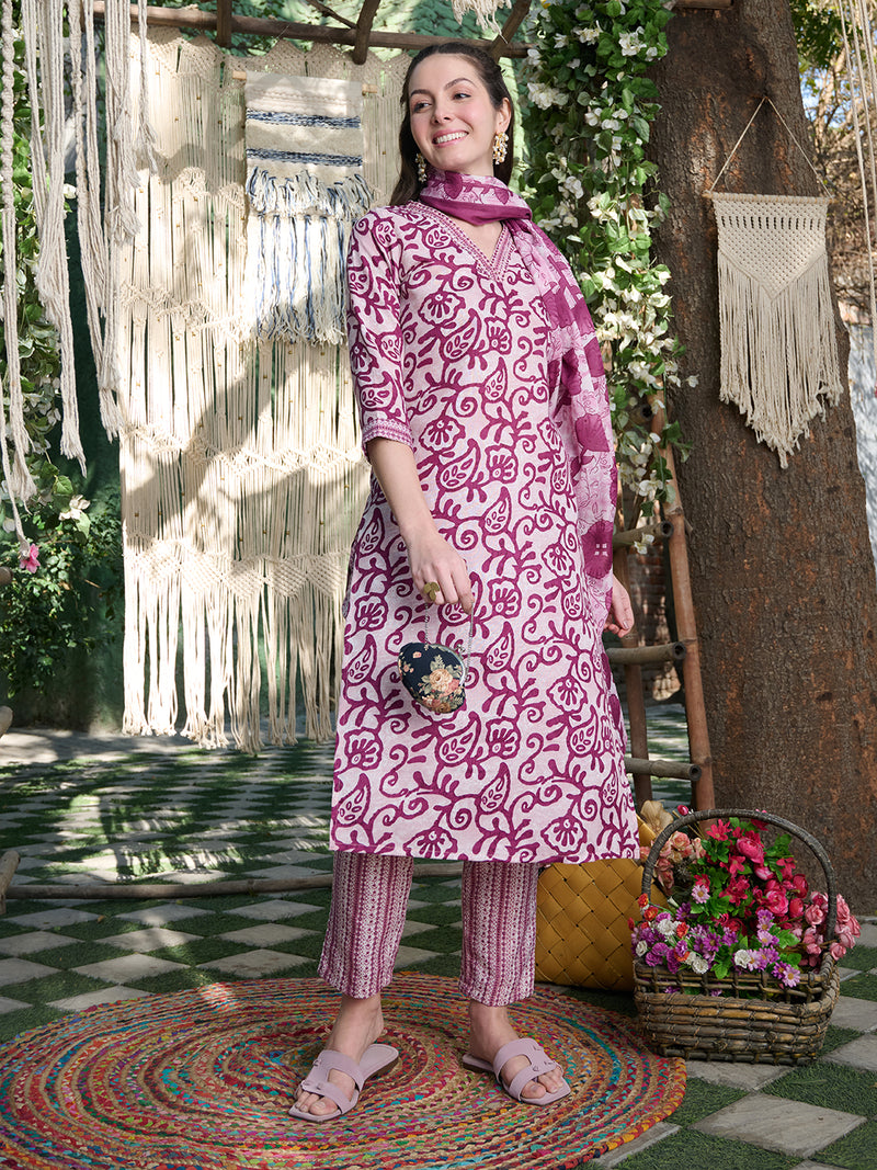 Stylum Women's Red Ethnic Printed Cotton Blend Straight Kurta Pant Dupatta Set (KPDREDSAFARI)