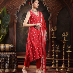 Stylum Women's Red Floral Printed & Embroidered Rayon A-Line Kurta Pant Dupatta Set (KPDREDSAFIRA)