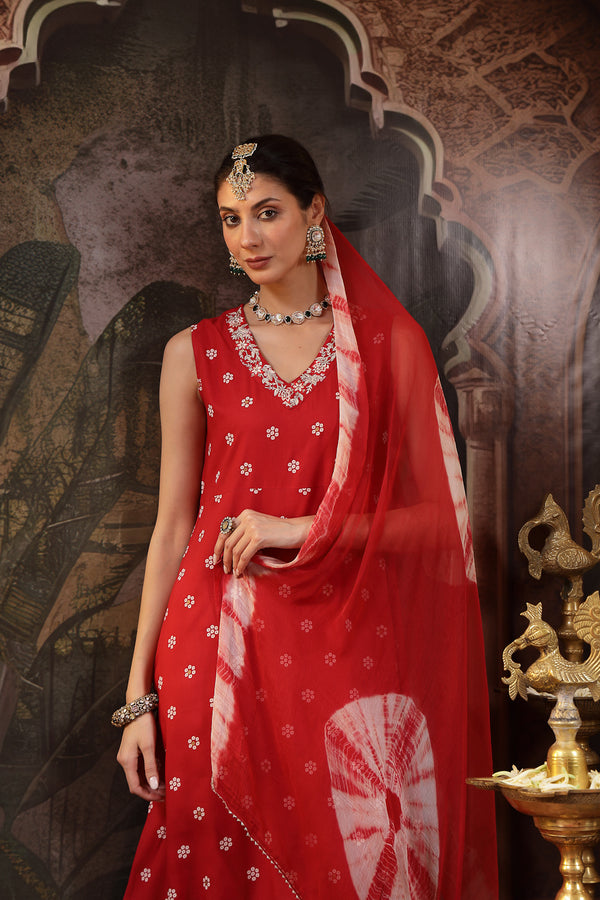 Stylum Women's Red Floral Printed & Embroidered Rayon A-Line Kurta Pant Dupatta Set (KPDREDSAFIRA)