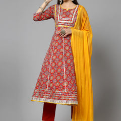 Stylum Women's Printed & Embellished Cotton Anarkali Kurta Pant Dupatta Set (KPDREDSAMRE)