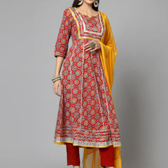 Stylum Women's Printed & Embellished Cotton Anarkali Kurta Pant Dupatta Set (KPDREDSAMRE)