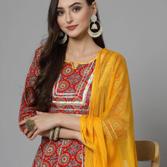 Stylum Women's Printed & Embellished Cotton Anarkali Kurta Pant Dupatta Set (KPDREDSAMRE)
