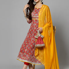 Stylum Women's Printed & Embellished Cotton Anarkali Kurta Pant Dupatta Set (KPDREDSAMRE)