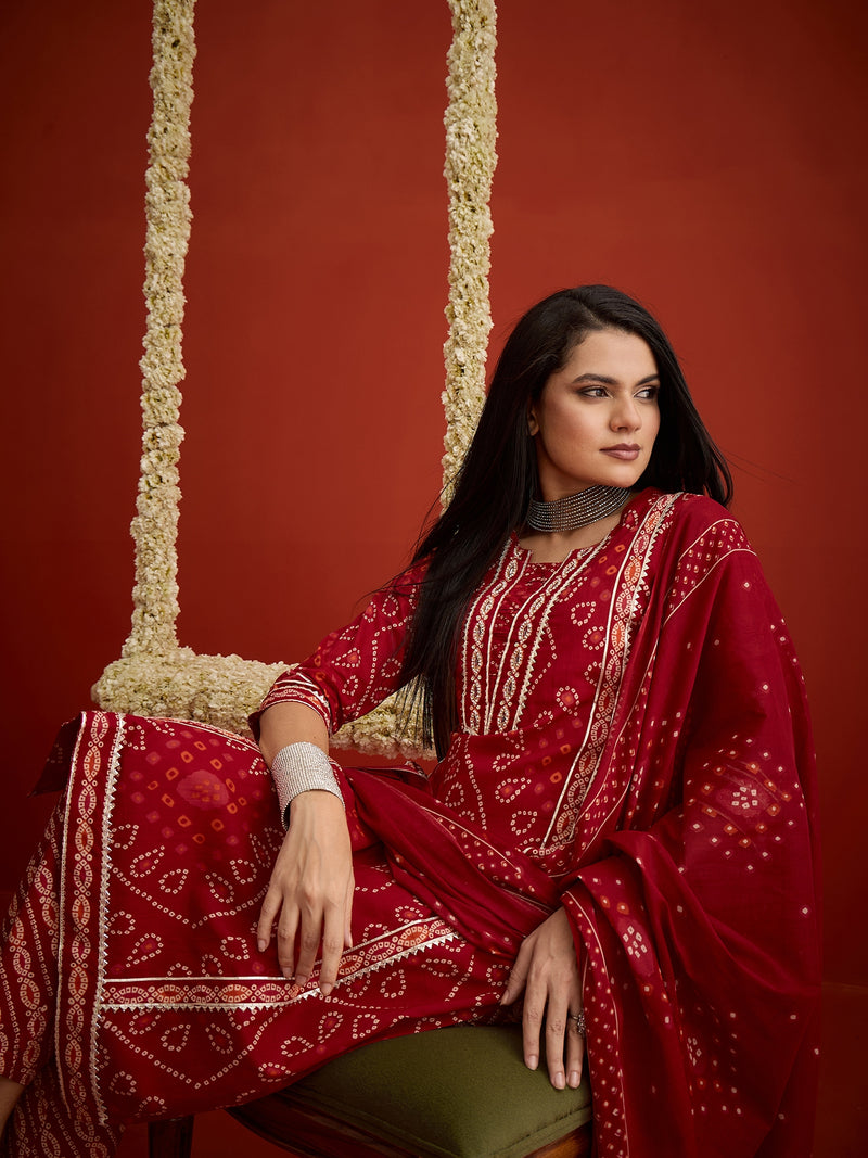 Stylum Women's Red Bandhej Printed Cotton Straight Kurta Pant Dupatta Set (KPDREDSIRAJ)