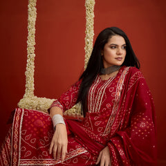Stylum Women's Red Bandhej Printed Cotton Straight Kurta Pant Dupatta Set (KPDREDSIRAJ)