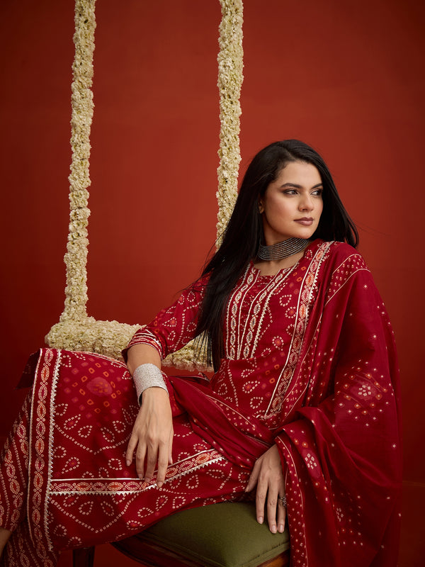 Stylum Women's Red Bandhej Printed Cotton Straight Kurta Pant Dupatta Set (KPDREDSIRAJ)