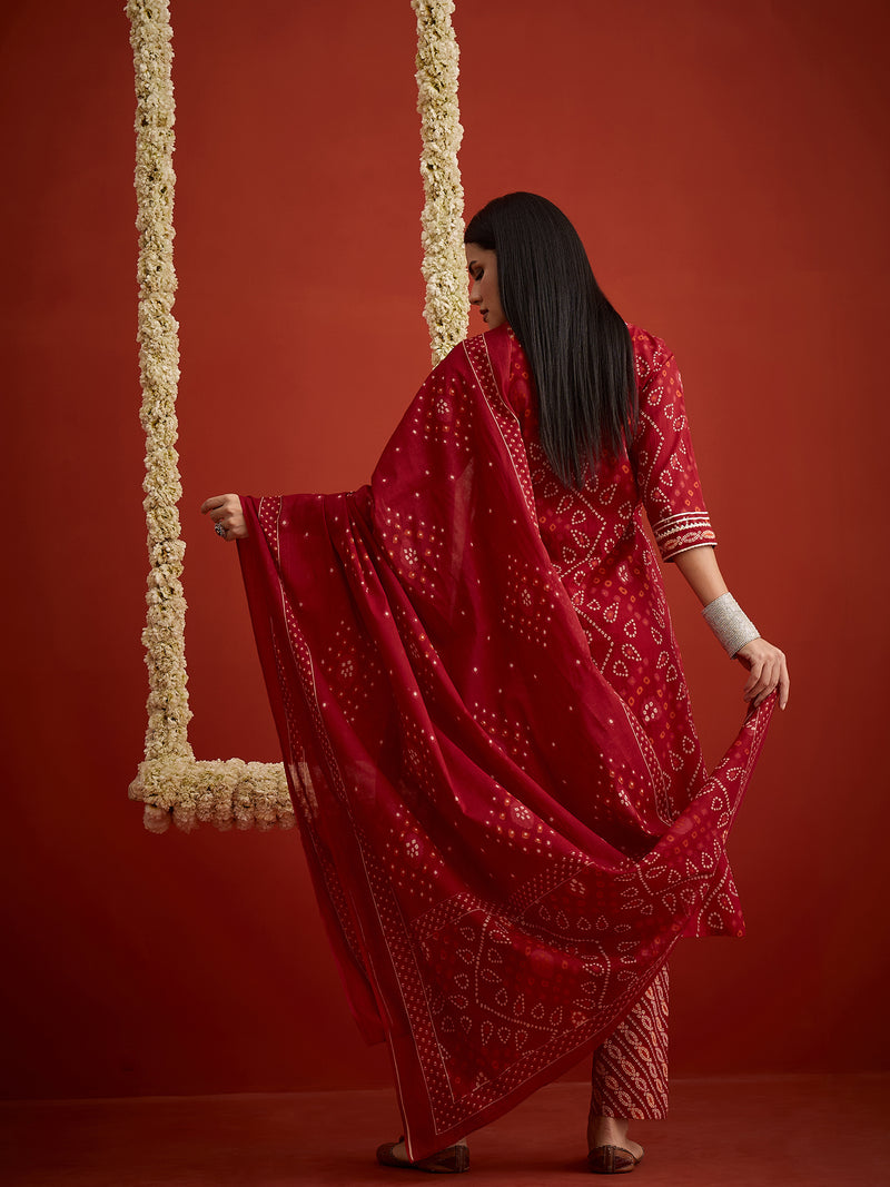 Stylum Women's Red Bandhej Printed Cotton Straight Kurta Pant Dupatta Set (KPDREDSIRAJ)