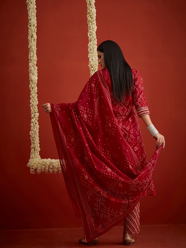 Stylum Women's Red Bandhej Printed Cotton Straight Kurta Pant Dupatta Set (KPDREDSIRAJ)