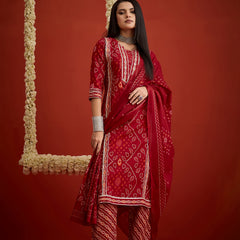 Stylum Women's Red Bandhej Printed Cotton Straight Kurta Pant Dupatta Set (KPDREDSIRAJ)