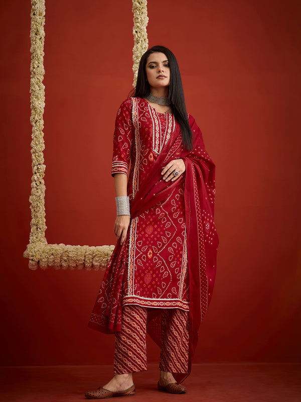 Stylum Women's Red Bandhej Printed Cotton Straight Kurta Pant Dupatta Set (KPDREDSIRAJ)