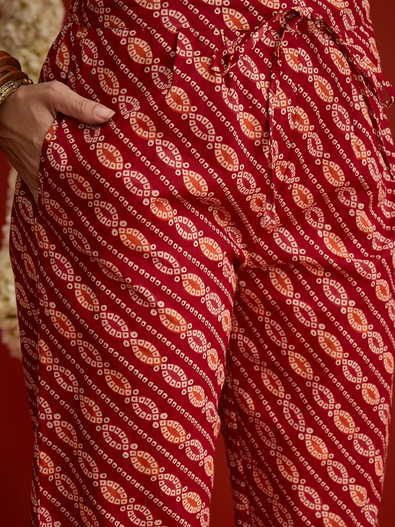 Stylum Women's Red Bandhej Printed Cotton Straight Kurta Pant Dupatta Set (KPDREDSIRAJ)