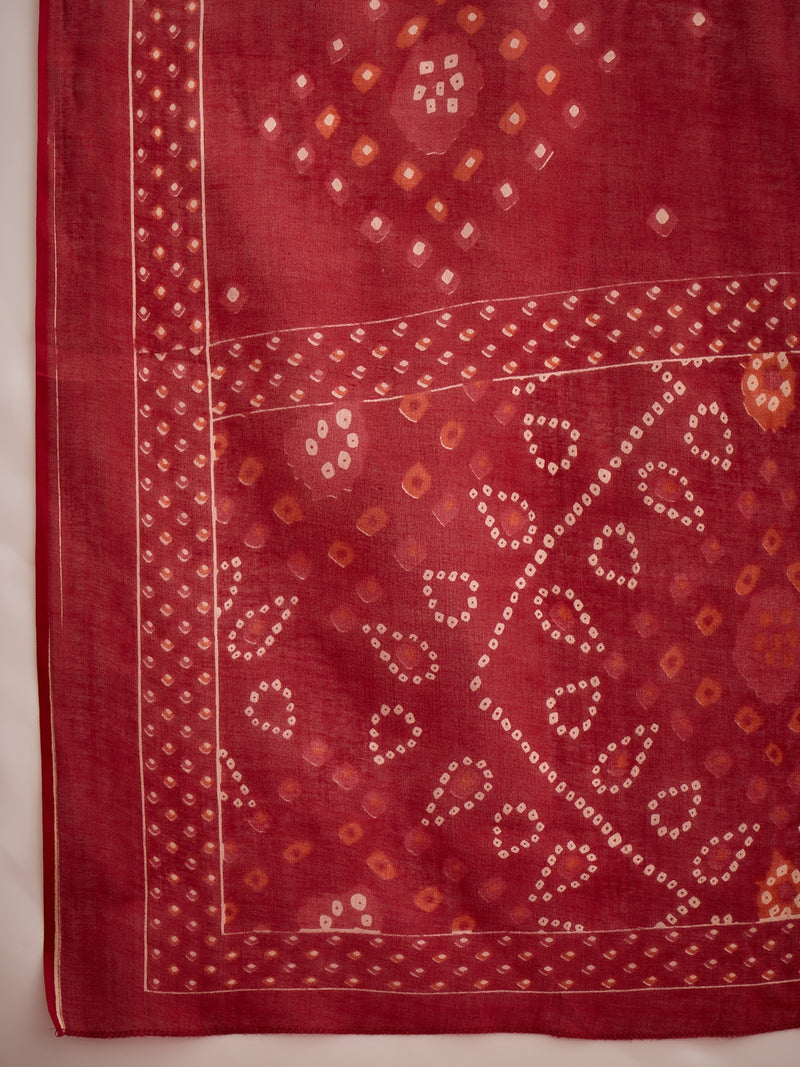 Stylum Women's Red Bandhej Printed Cotton Straight Kurta Pant Dupatta Set (KPDREDSIRAJ)