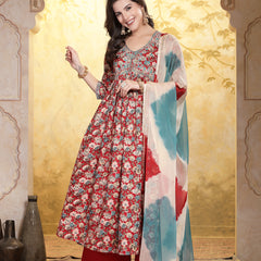Stylum Women's Red Floral Printed & Embroidered Rayon Flared Kurta Palazzo Dupatta Set (KPDREDSWAN)