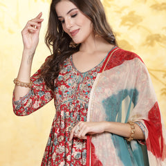 Stylum Women's Red Floral Printed & Embroidered Rayon Flared Kurta Palazzo Dupatta Set (KPDREDSWAN)