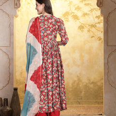 Stylum Women's Red Floral Printed & Embroidered Rayon Flared Kurta Palazzo Dupatta Set (KPDREDSWAN)