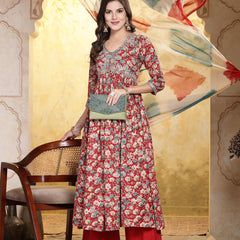 Stylum Women's Red Floral Printed & Embroidered Rayon Flared Kurta Palazzo Dupatta Set (KPDREDSWAN)