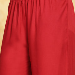 Stylum Women's Red Floral Printed & Embroidered Rayon Flared Kurta Palazzo Dupatta Set (KPDREDSWAN)