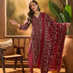 Stylum Women's Red Ethnic Printed Cotton Straight Kurta Pant Dupatta Set (KPDREDTIFNI)