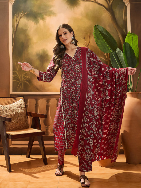 Stylum Women's Red Ethnic Printed Cotton Straight Kurta Pant Dupatta Set (KPDREDTIFNI)