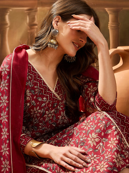 Stylum Women's Red Ethnic Printed Cotton Straight Kurta Pant Dupatta Set (KPDREDTIFNI)