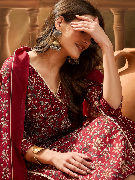 Stylum Women's Red Ethnic Printed Cotton Straight Kurta Pant Dupatta Set (KPDREDTIFNI)