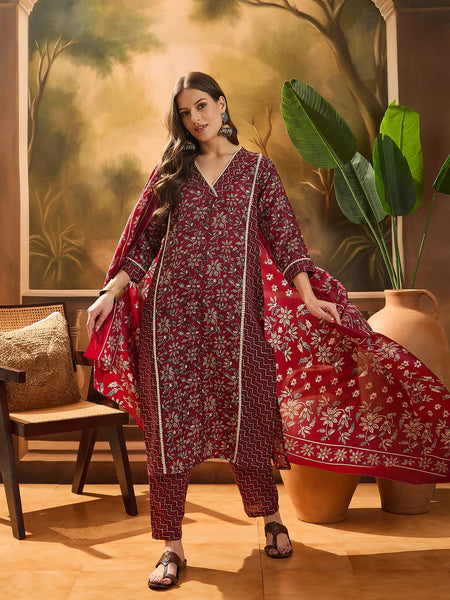 Stylum Women's Red Ethnic Printed Cotton Straight Kurta Pant Dupatta Set (KPDREDTIFNI)