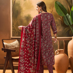 Stylum Women's Red Ethnic Printed Cotton Straight Kurta Pant Dupatta Set (KPDREDTIFNI)