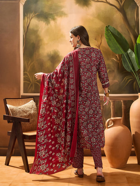 Stylum Women's Red Ethnic Printed Cotton Straight Kurta Pant Dupatta Set (KPDREDTIFNI)