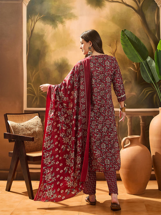 Stylum Women's Red Ethnic Printed Cotton Straight Kurta Pant Dupatta Set (KPDREDTIFNI)