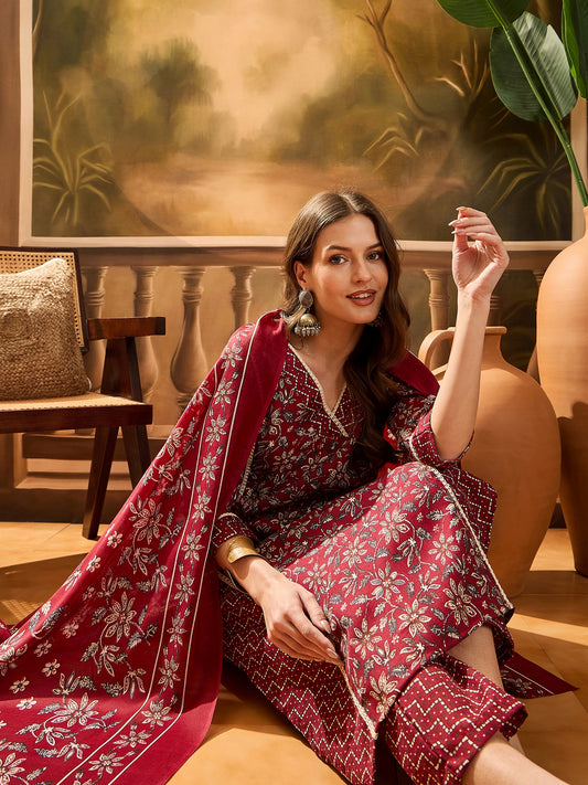 Stylum Women's Red Ethnic Printed Cotton Straight Kurta Pant Dupatta Set (KPDREDTIFNI)