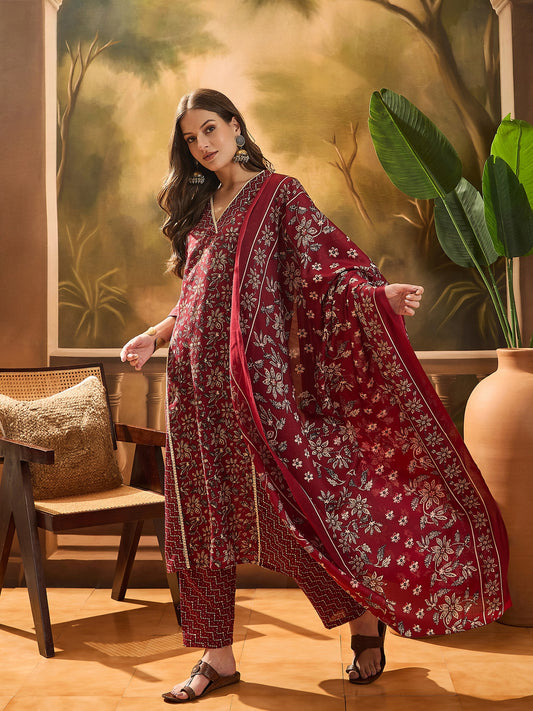 Stylum Women's Red Ethnic Printed Cotton Straight Kurta Pant Dupatta Set (KPDREDTIFNI)