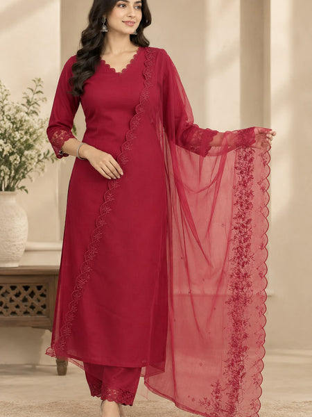 Stylum Women's Red Solid Silk Straight Kurta Pant Dupatta Set (KPDREDURBAN)