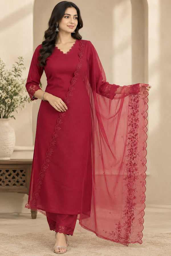 Stylum Women's Red Solid Silk Straight Kurta Pant Dupatta Set (KPDREDURBAN)