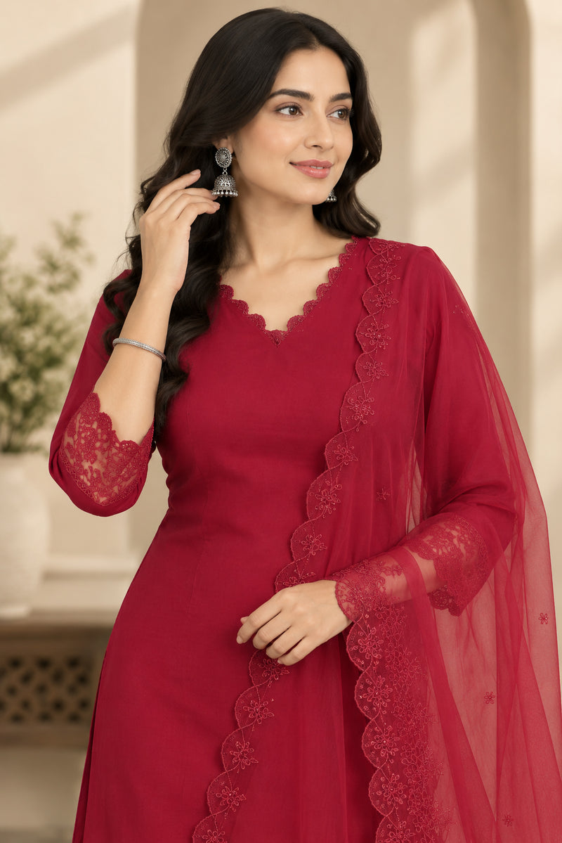 Stylum Women's Red Solid Silk Straight Kurta Pant Dupatta Set (KPDREDURBAN)