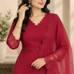 Stylum Women's Red Solid Silk Straight Kurta Pant Dupatta Set (KPDREDURBAN)