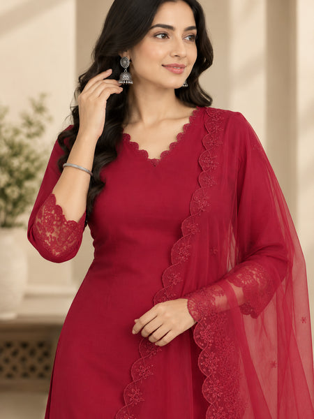 Stylum Women's Red Solid Silk Straight Kurta Pant Dupatta Set (KPDREDURBAN)
