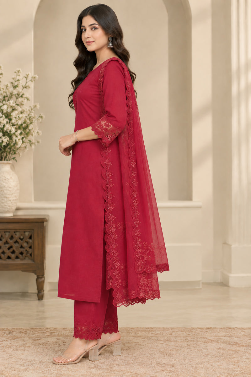 Stylum Women's Red Solid Silk Straight Kurta Pant Dupatta Set (KPDREDURBAN)