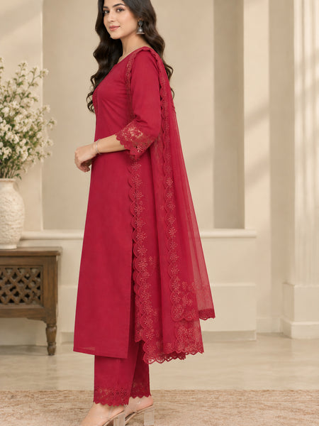 Stylum Women's Red Solid Silk Straight Kurta Pant Dupatta Set (KPDREDURBAN)