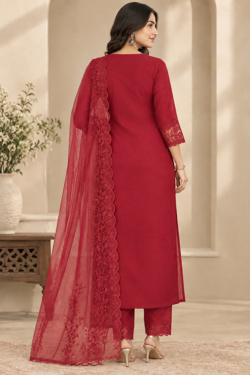 Stylum Women's Red Solid Silk Straight Kurta Pant Dupatta Set (KPDREDURBAN)