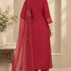 Stylum Women's Red Solid Silk Straight Kurta Pant Dupatta Set (KPDREDURBAN)