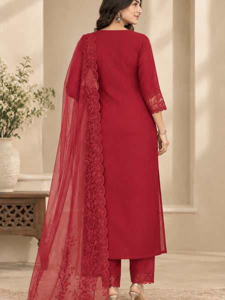 Stylum Women's Red Solid Silk Straight Kurta Pant Dupatta Set (KPDREDURBAN)