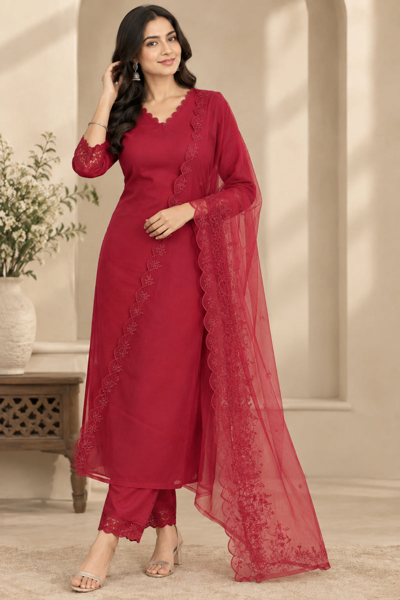 Stylum Women's Red Solid Silk Straight Kurta Pant Dupatta Set (KPDREDURBAN)